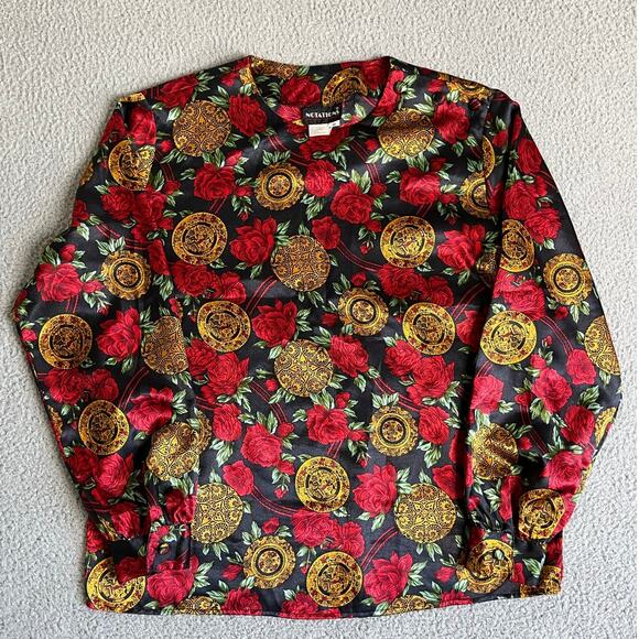 Notations Tops - Vintage Notations Top 12 Large Floral Satin Long Sleeve Red Gold Button Career